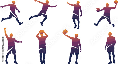 Basketball icon set, gradient player silhouettes in dynamic poses including dribbling, shooting, passing, celebrating, sport, motion, vector design, grid