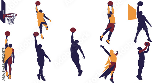 Basketball icon set, slam dunk silhouettes in orange and purple styles, athletic motion, sport action, hoop, player, vector illustration, dynamic grid