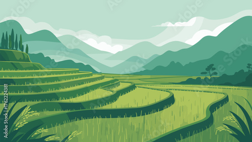 Lush Green Rice Terraces Landscape with Mountains Scenery