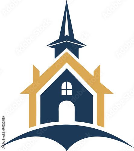 Illustration of a church building with a steeple and open bible in the foreground viewed from the front