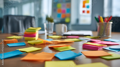 Desk covered in colorful sticky notes and office supplies for brainstorming