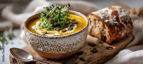 Ceramic bowl with pumpkin soup and toppings