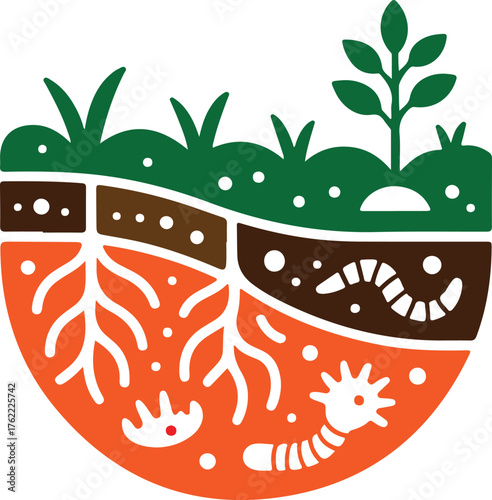 Cross section of healthy soil with plant roots and beneficial organisms