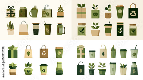 Eco-friendly lifestyle icon set with plants, reusable cups, and green packaging in flat vector style. Perfect for sustainability branding, zero-waste design, or nature campaigns.