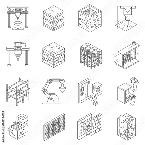 A comprehensive set of isometric line icons illustrating modern construction, industrial manufacturing, and material science applications and processes.