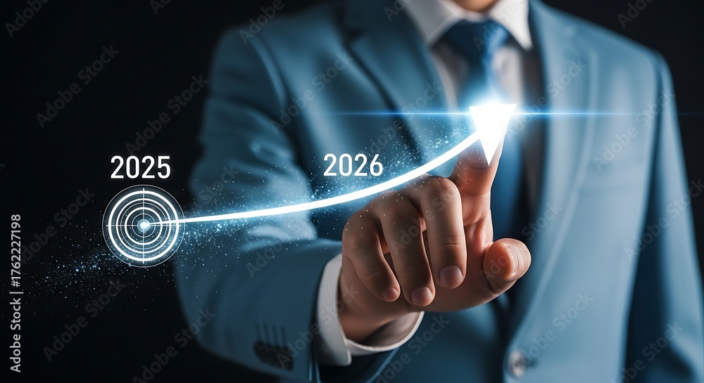 Obraz premium Businessman pointing at a glowing upward arrow graph showing growth from 2025 to 2026