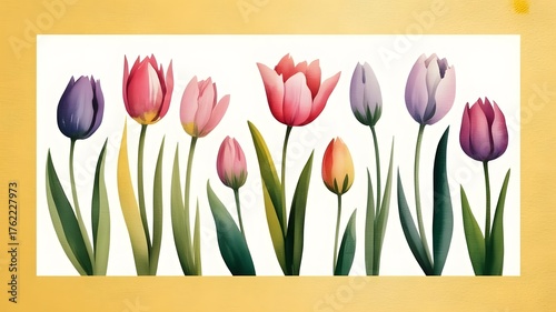 A vibrant watercolor painting of tulips in various colors isolated on white background