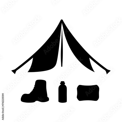 Camping gear illustration tent boots bottle pack vector scalable svg icon graphic