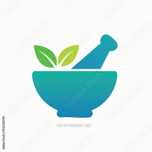 Modern Pharmacy Logo with Mortar, Pestle, and Leaves