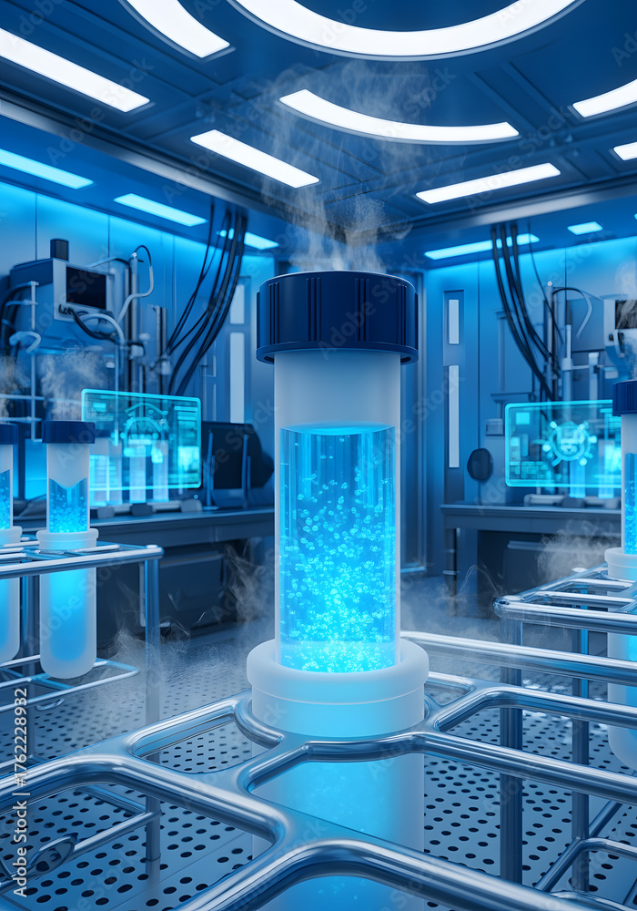 Naklejka premium Cryotube in Futuristic Laboratory with Cold Blue Lighting