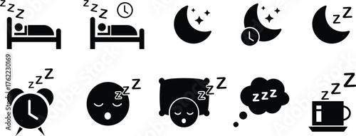 Black sleeping and bedtime vector icon set, collection and group in flat style, includes moon, bed, pillow, alarm clock, sleep face, dream bubble, night rest, relaxation isolated illustration