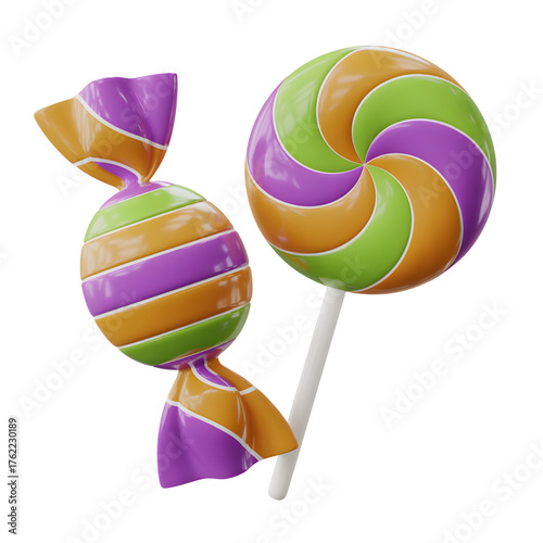 Colorful candy and lollipop 3D render of wrapped sweets isolated on white background for confectionery and holiday designs