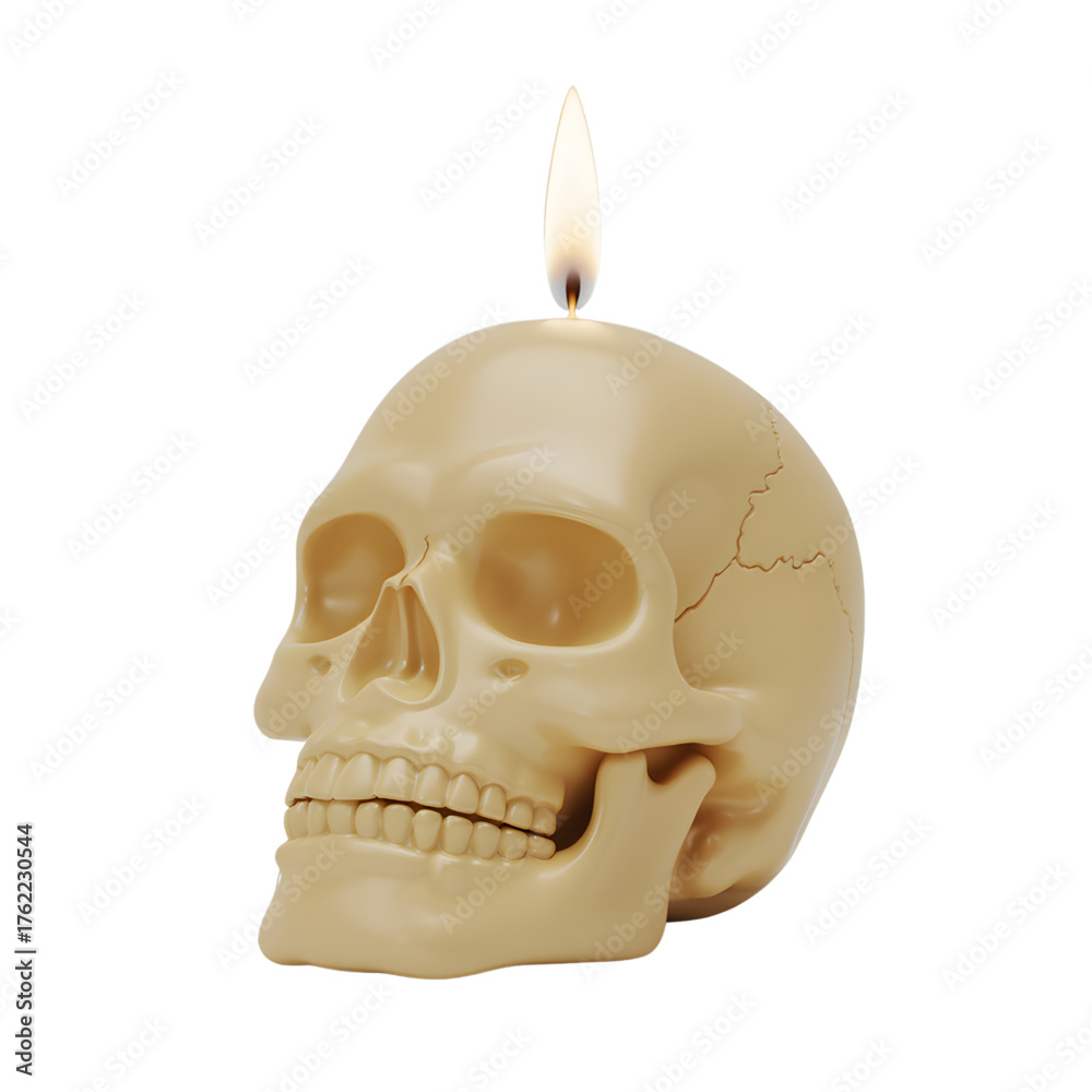 Obraz premium Skull candle with flame a spooky and gothic decorative element isolated on white background