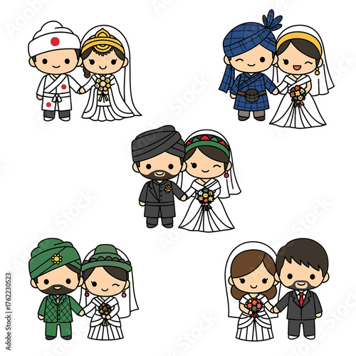 Cartoon couples in diverse traditional wedding attire, holding hands and smiling, showcasing cultural celebrations.