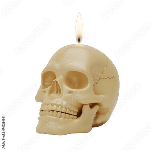 Skull candle with flame a spooky and gothic decorative element isolated on white background