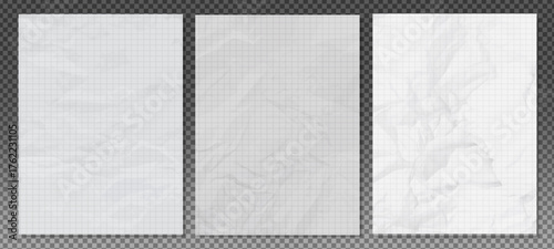 Set of crumpled sheets of paper in a cell. Crumpled sheet with a mathematical grid. Crumpled empty sheets of notebook or notebook. Clean crumpled sheet in a cell.