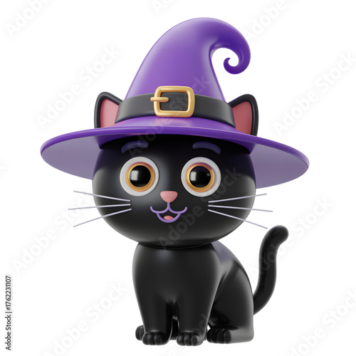 Cute black cat wearing a purple witch hat a fun 3D render for Halloween decorations and holiday designs