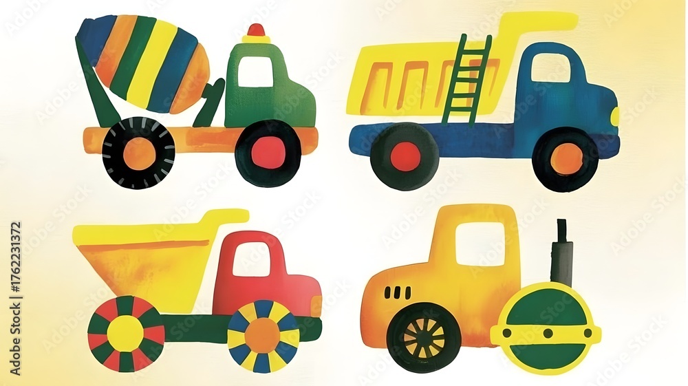 Naklejka premium Four colorful toy construction vehicles on a light background
