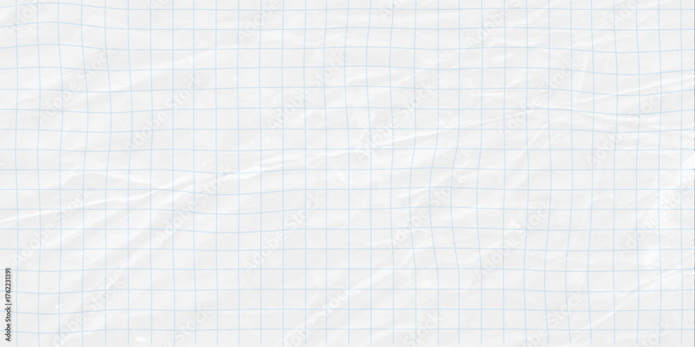 White crumpled sheet in a cell. Blank sheet from a notebook or notepad with math grid in cracks and creases. Realistic vector background of crumpled sheet in a cell.