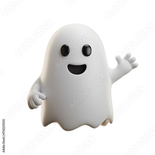 Cute cartoon ghost waving hello a friendly 3D rendering for Halloween designs and spooky season themes isolated on white