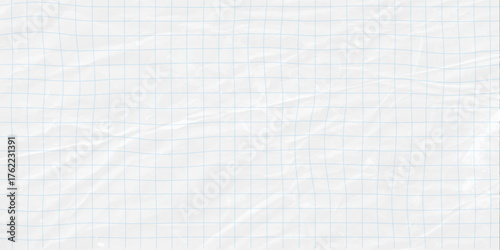 White crumpled sheet in a cell. Blank sheet from a notebook or notepad with math grid in cracks and creases. Realistic vector background of crumpled sheet in a cell.