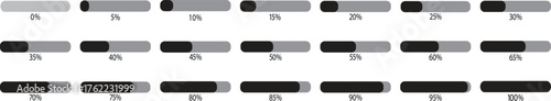 Loading process bar set. indicates  on going process, showing the current status or completion percentage. Processing loading bars from zero to success. Vector illustration .