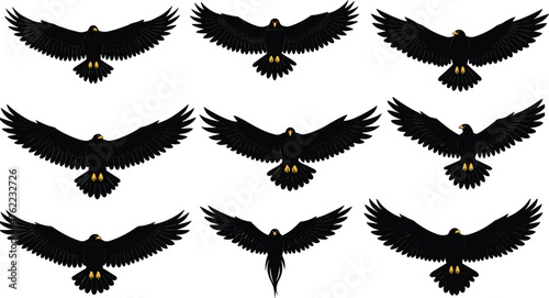 Bird icon set, flying silhouettes with yellow beak and feet accents, wing motion variations, nature, wildlife, vector design, black grid
