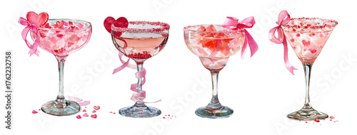Watercolor coquette cocktails set. Pink drinks in vintage glasses decorated with sugar and pink bow with hearts. Romantic cocktails for Valentine's Day. Coquette cocktails with bows hand drawn set