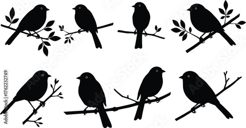 Bird on branch icon set, perched bird silhouettes with leaf and twig variations, black illustration, nature, wildlife, vector design, grid