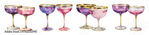 Set of whimsical cocktail glasses in watercolor. Vintage pink and purple glasses for cocktails and drinks with gold rim. Alcoholic cocktails in glasses. Vector illustration.