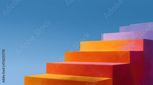 Abstract stairs going up, orange, purple and pink steps against the sky. Concept of success, progress, growth, development, minimalism, copy space, vibrant design