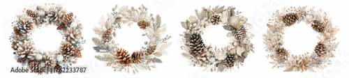 Watercolor set of vintage Christmas wreaths. Winter wreaths with pine cones and natural elements. Natural handmade Christmas decor. Winter vintage wreaths with pine cones for doors. 