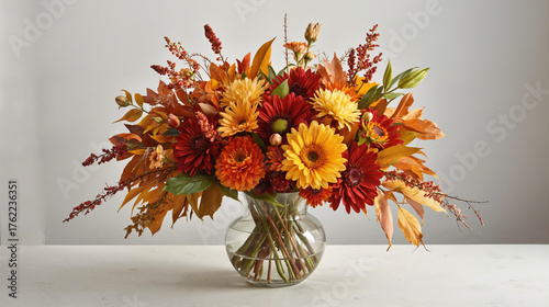 Colorful autumn flower arrangement in a glass vase on a neutral background