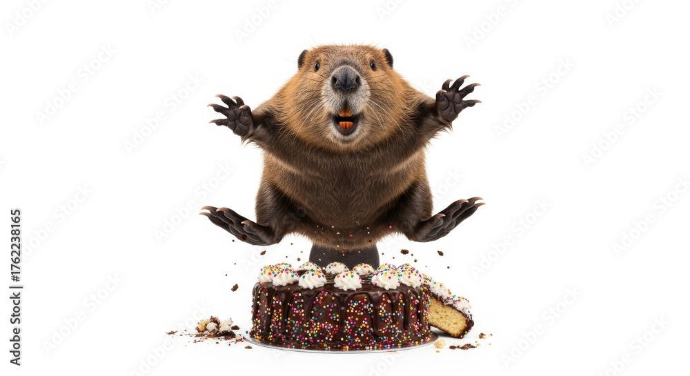 Obraz premium beaver bursting out of a birthday cake on a solid white background, dessert, celebration 