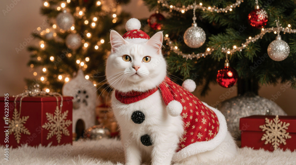 Obraz premium A fluffy white cat wearing a red Christmas sweater sits in front of a decorated Christmas tree with lights and ornaments. Gift boxes are placed nearby.