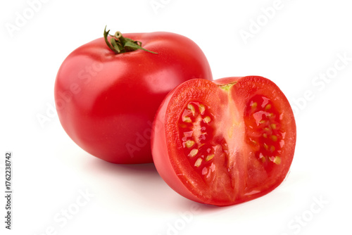 Ripe Tomatoes, Whole and Cut, isolated on white background