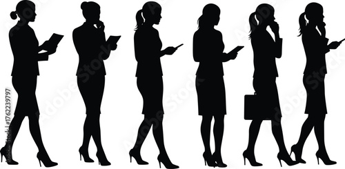 Businesswoman Silhouette Set Using Mobile Devices and Tablets in Professional Attire with Briefcases and Confident Standing Poses