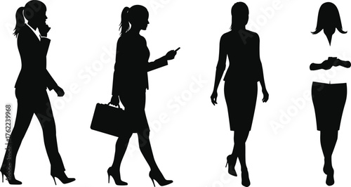 Businesswoman Silhouette Set in Walking and Thinking Poses with Handbags, Phones, and Abstract Segmented Figure in Motion