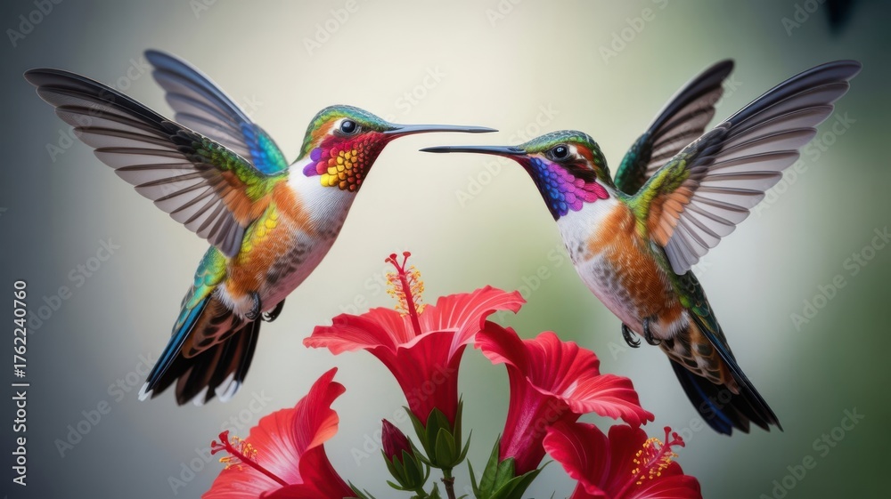 Obraz premium Two hummingbirds hovering near red hibiscus flowers