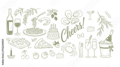 Vintage vector set illustration of hand drawn wine glasses, tea and coffee cups, flowers and leaves for doodle pattern design