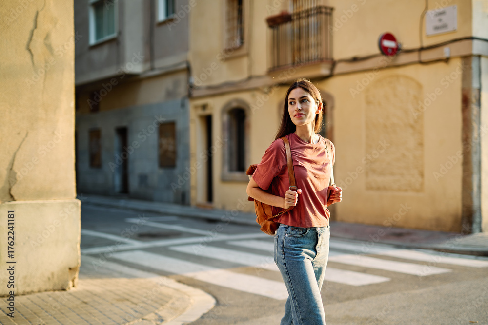 Fototapeta premium young woman girl travel tourist outdoor city happy vacation holiday street summer urban tourism traveler walking student visiting tour