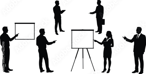 Business Presentation Silhouette Set Featuring Professionals with Blank Boards, Gestures, Briefcases, and Tablets in Corporate Settings