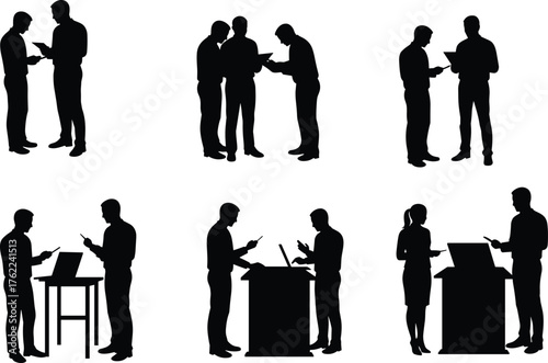 Business People Silhouette Set Collaborating Around Podiums and Tables with Mobile Devices, Laptops, and Professional Gestures in Discussion