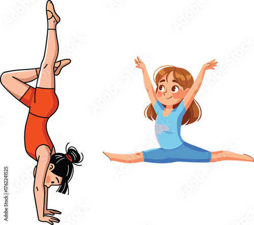 Cartoon illustration of two young girls performing gymnastics poses, one doing a handstand and another doing a split jump, active kids exercise concept