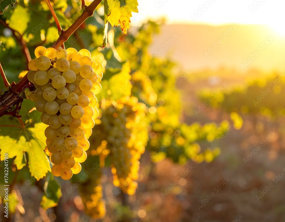 Fototapeta premium A close-up captures ripe, golden grapes hanging from vines in a vineyard bathed in warm sunlight, soft focus. Rows of grapes recede into the distance