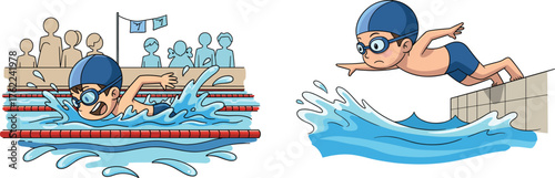 Cartoon swimmer diving and swimming, competitive sport, front crawl stroke, water splash, pool race, vector illustration, athletic movement, healthy lifestyle, child athlete
