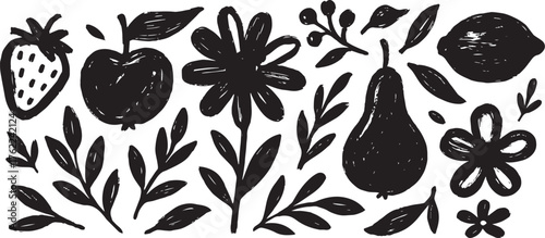 Food Banner with Black Grunge Fruits, Leaves and Flowers. Black sketched inked artistic elements . Hand drawn organic nature set
