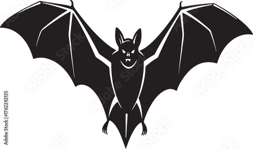 A detailed black silhouette of a flying bat with outstretched wings and visible ears isolated on a clean white background perfect for halloween or spooky themes isolated on white background.