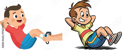 Children doing sit-ups, fitness exercise for kids, physical training, cartoon style, abdominal workout, school gym activity, healthy lifestyle, vector illustration