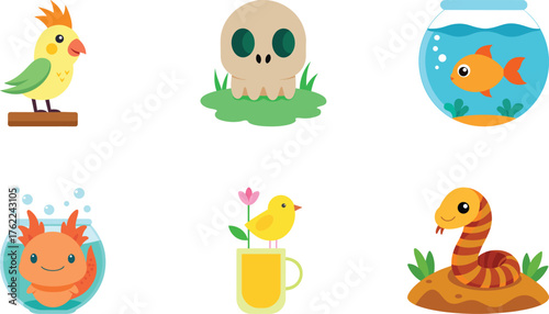 Whimsical illustration featuring a variety of cute pets and their habitats,  set of exotic cartoon animals or vector art including axolotl, Birds, fish, snake and skull, colorful vector illustration